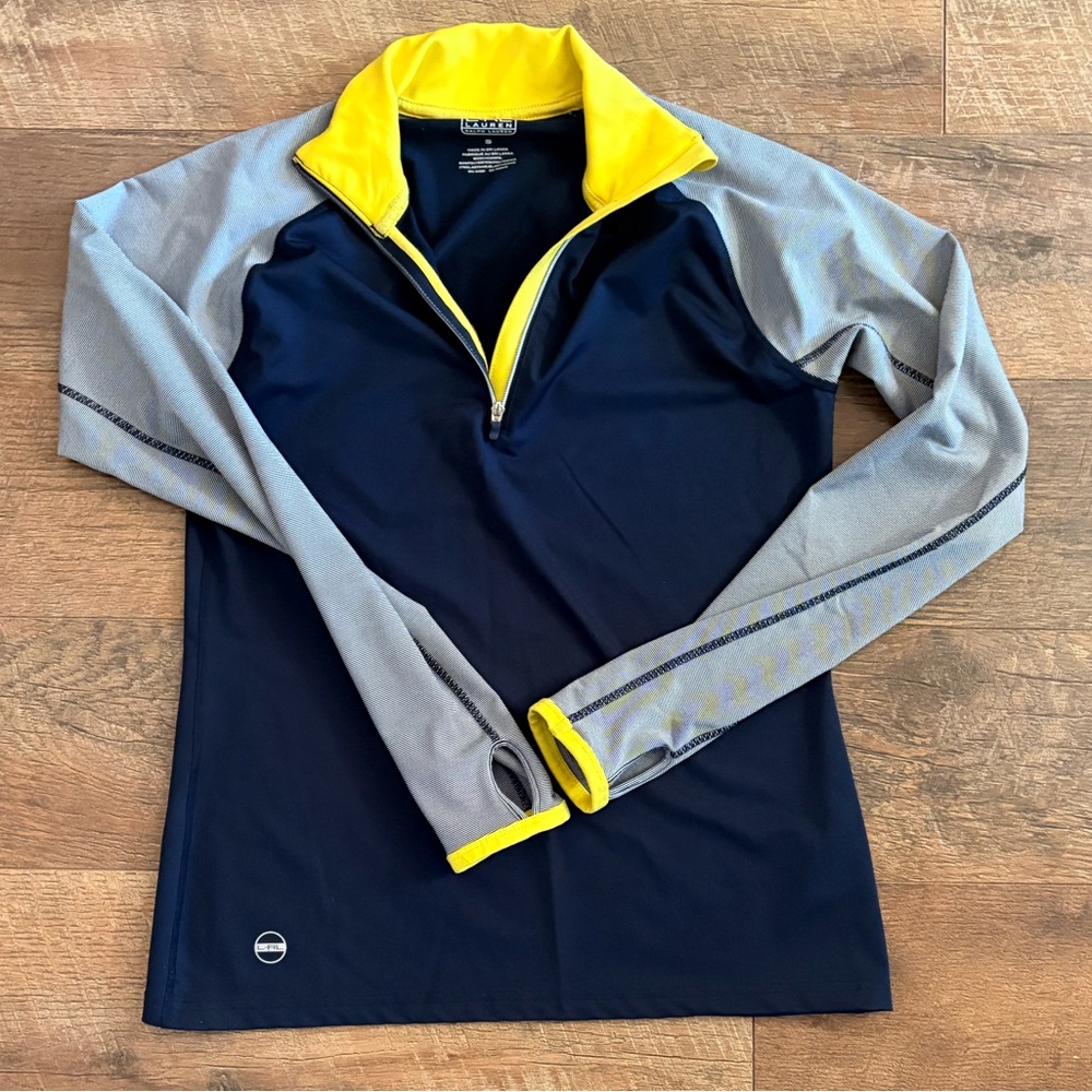 RLX Ralph Lauren Navy 1/4 Zip Pullover Yellow Collar Striped Sleeves Small